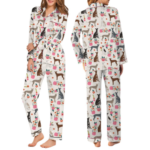 Dog Floral Satin Pajamas Set For Women - Image 5