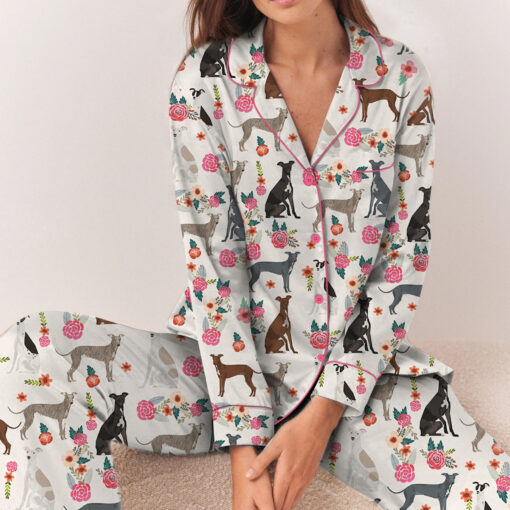 Dog Floral Satin Pajamas Set For Women - Image 6