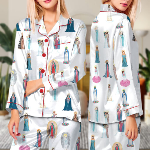Women's Our Lady of Guadalupe Catholic Jesus Short Sleeve Satin Pajama Set - Image 7