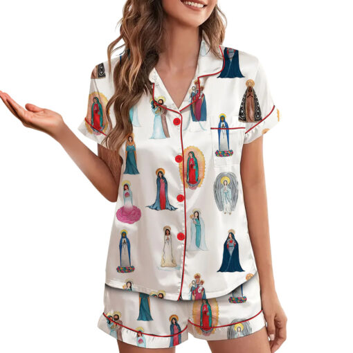 Women's Our Lady of Guadalupe Catholic Jesus Short Sleeve Satin Pajama Set - Image 2