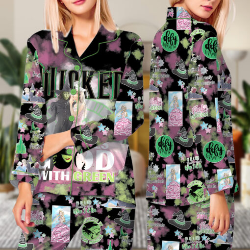 Wicked Pink Goes Good With Green Satin Pajamas Set