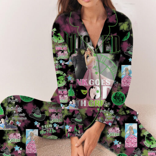 Wicked Pink Goes Good With Green Satin Pajamas Set