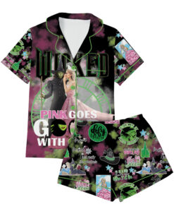 Wicked Pink Goes Good With Green Satin Pajamas Set