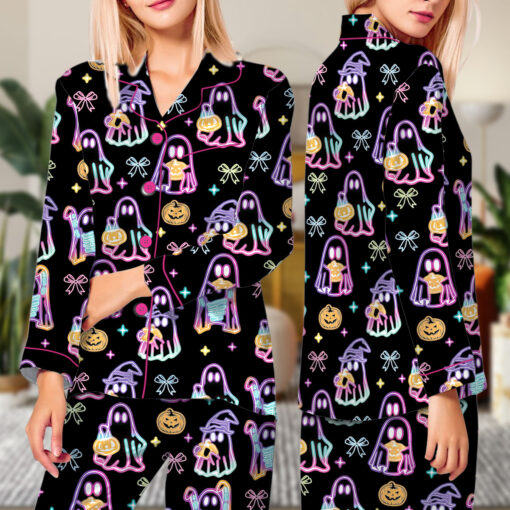 Cute Ghost Halloween Satin Pajamas Set For Women