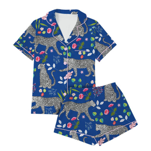 Blue Snow Leopard Printed Satin Pajamas Set For Women
