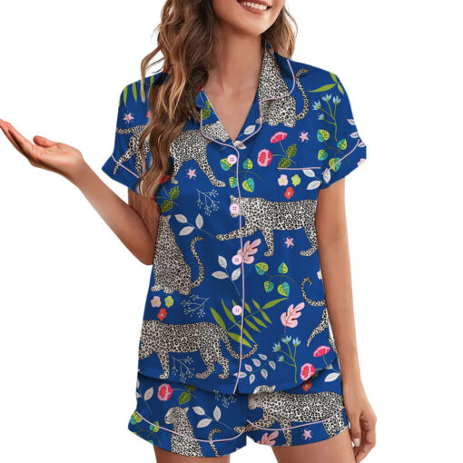 Blue Snow Leopard Printed Satin Pajamas Set For Women