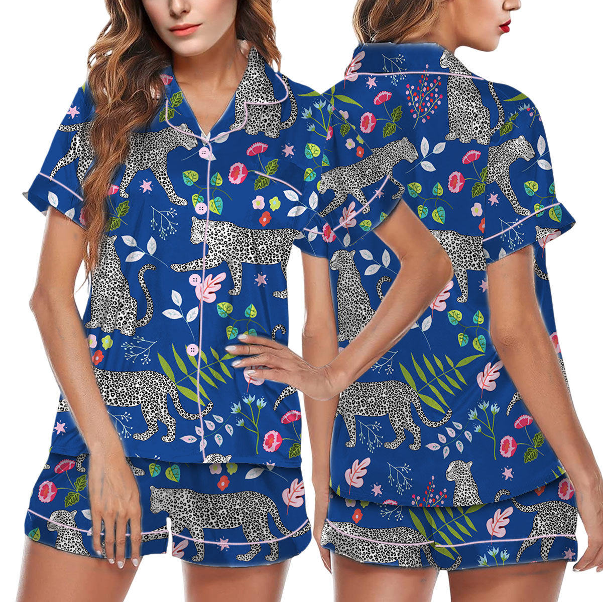 Blue Snow Leopard Printed Satin Pajamas Set For Women