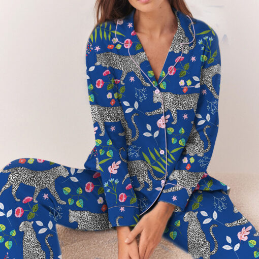Blue Snow Leopard Printed Satin Pajamas Set For Women