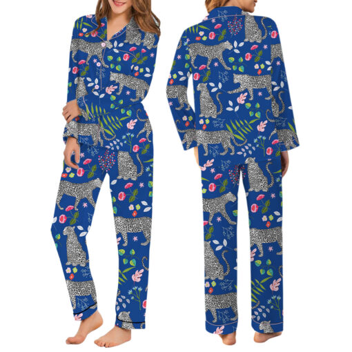 Blue Snow Leopard Printed Satin Pajamas Set For Women
