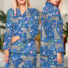 Blue Snow Leopard Printed Satin Pajamas Set For Women