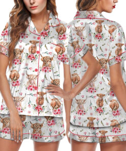 Women's Animal Cow Print Satin Pajamas Set