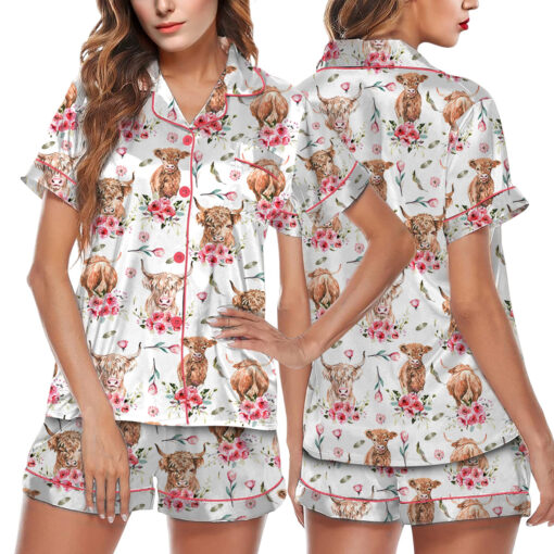 Women's Animal Cow Print Satin Pajamas Set