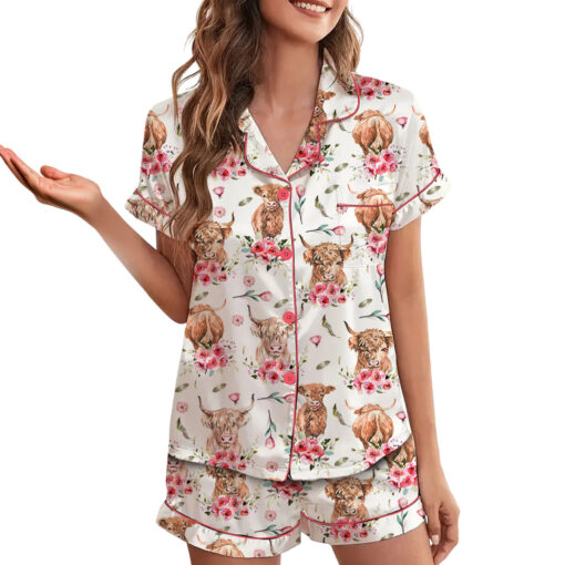 Women's Animal Cow Print Satin Pajamas Set