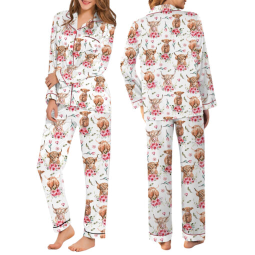 Women's Animal Cow Print Satin Pajamas Set