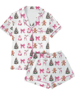 Coquette Pink Christmas Satin Pajama Set For Women