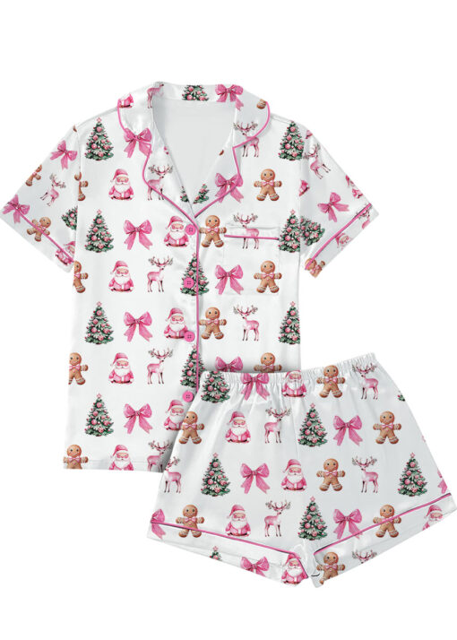 Coquette Pink Christmas Satin Pajama Set For Women