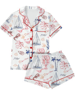 Alternative view of Retro Summer Coastal Beach Sea Food Lobster Satin Pajamas Set