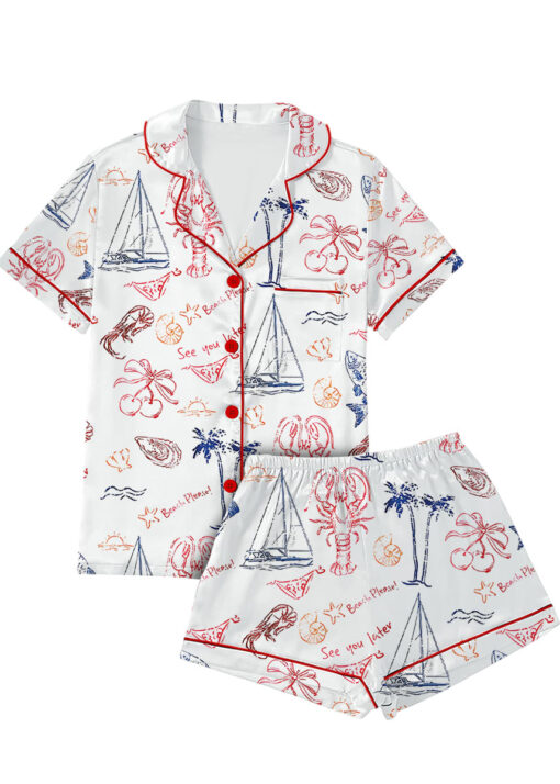 Retro Summer Coastal Beach Sea Food Lobster Satin Pajamas Set - Image 2