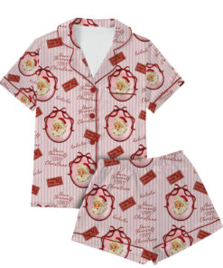 Pink Retro Santa Print Satin Pajamas Set For Women