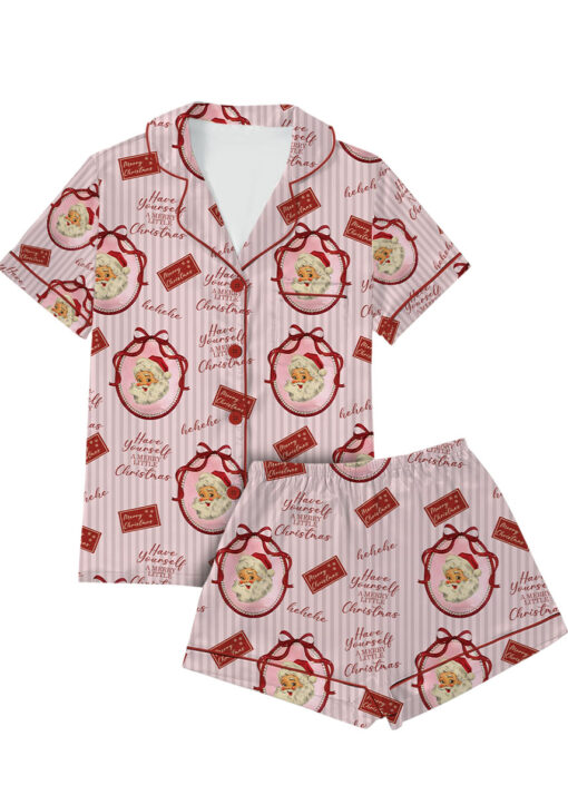 Pink Retro Santa Print Satin Pajamas Set For Women