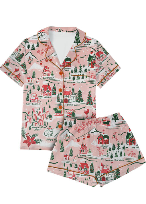 Women’s North Pole Village Map Christmas Retro Holiday Satin Pajama Set