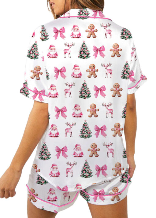 Coquette Pink Christmas Satin Pajama Set For Women