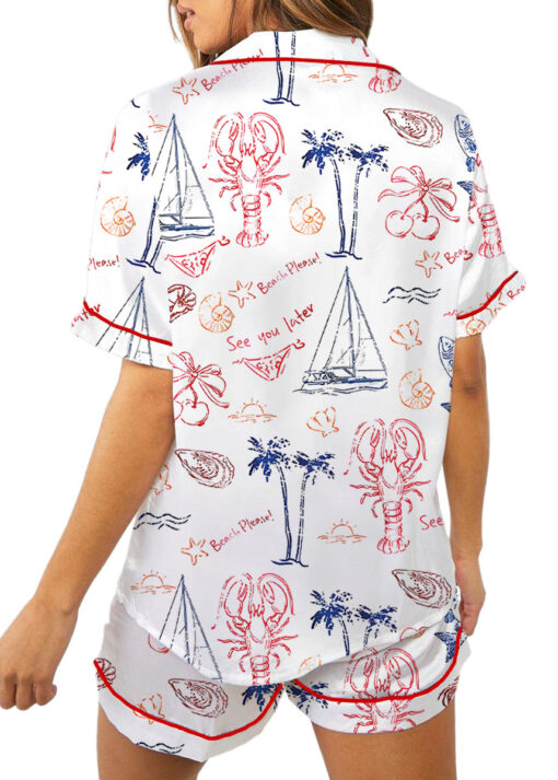 Retro Summer Coastal Beach Sea Food Lobster Satin Pajamas Set - Image 5