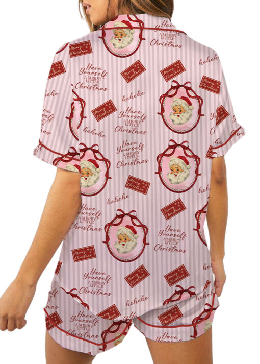 Pink Retro Santa Print Satin Pajamas Set For Women