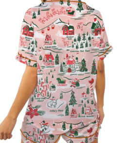 Women’s North Pole Village Map Christmas Retro Holiday Satin Pajama Set