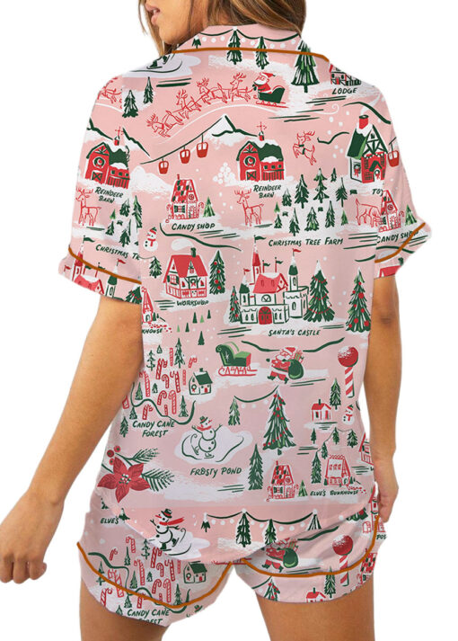 Women’s North Pole Village Map Christmas Retro Holiday Satin Pajama Set