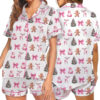 Coquette Pink Christmas Satin Pajama Set For Women