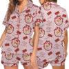 Pink Retro Santa Print Satin Pajamas Set For Women