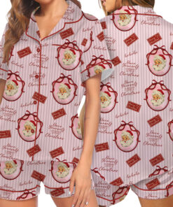Pink Retro Santa Print Satin Pajamas Set For Women