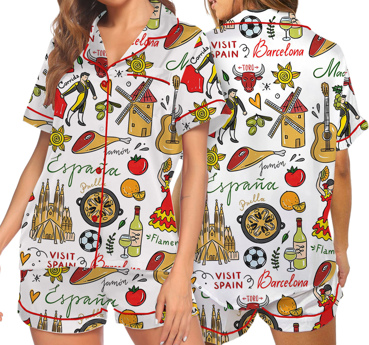 Spain Travel Satin Pajama Set For Women