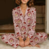 Pink Retro Santa Print Satin Pajamas Set For Women