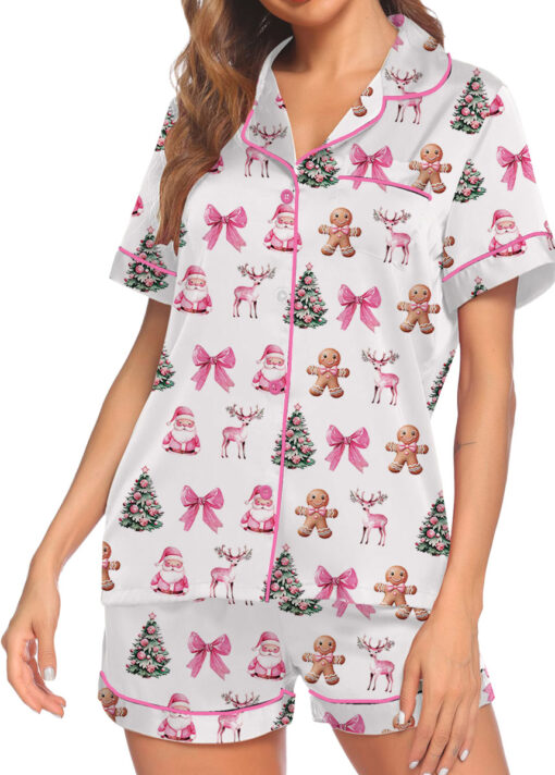 Coquette Pink Christmas Satin Pajama Set For Women