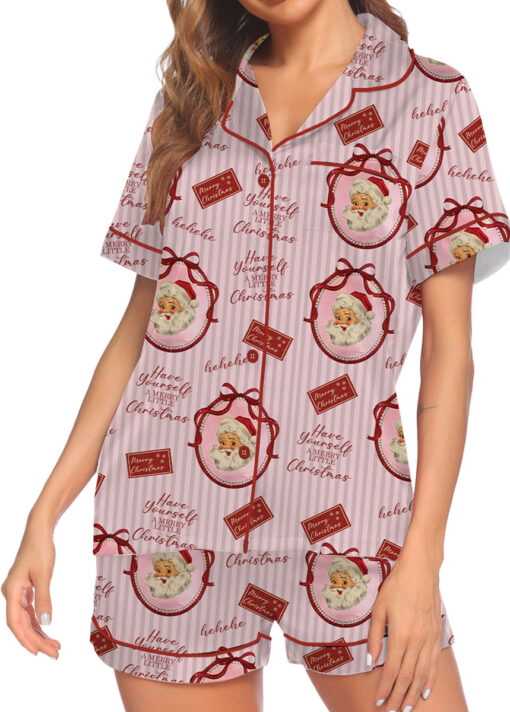 Pink Retro Santa Print Satin Pajamas Set For Women