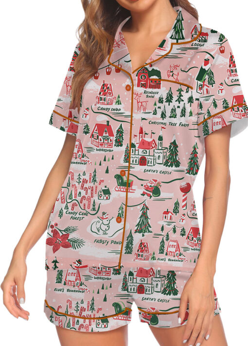 Women’s North Pole Village Map Christmas Retro Holiday Satin Pajama Set