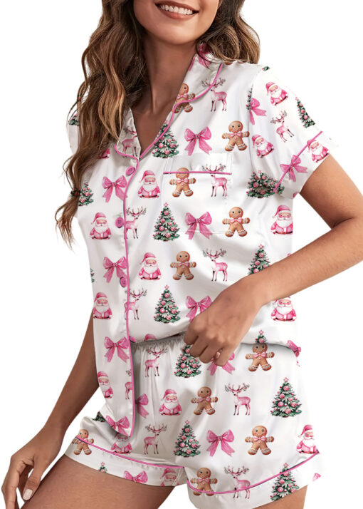 Coquette Pink Christmas Satin Pajama Set For Women
