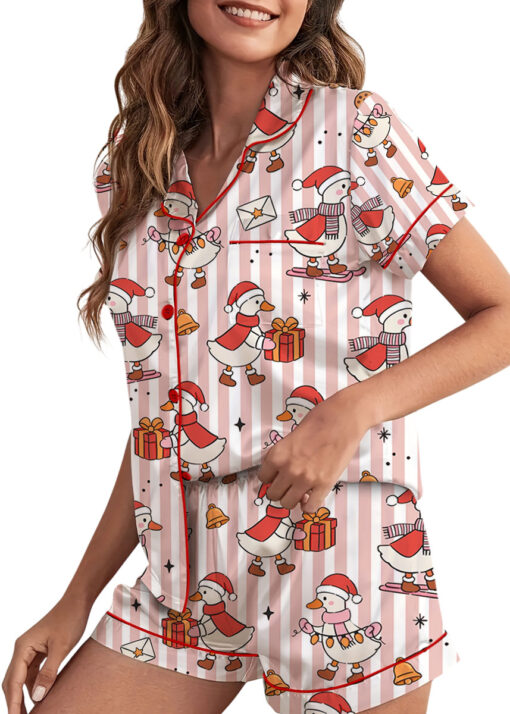 Christmas Santa Goose Satin Pajama Set For Women