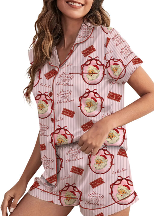Pink Retro Santa Print Satin Pajamas Set For Women