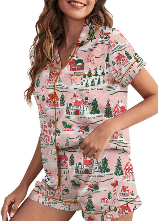 Women’s North Pole Village Map Christmas Retro Holiday Satin Pajama Set