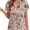 Women’s North Pole Village Map Christmas Retro Holiday Satin Pajama Set