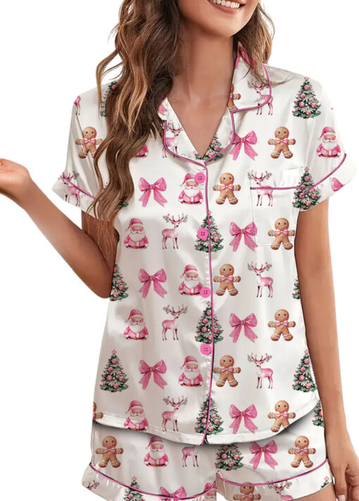 Coquette Pink Christmas Satin Pajama Set For Women