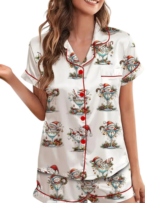 Quirky Snowman Christmas Satin Pajama Set For Women