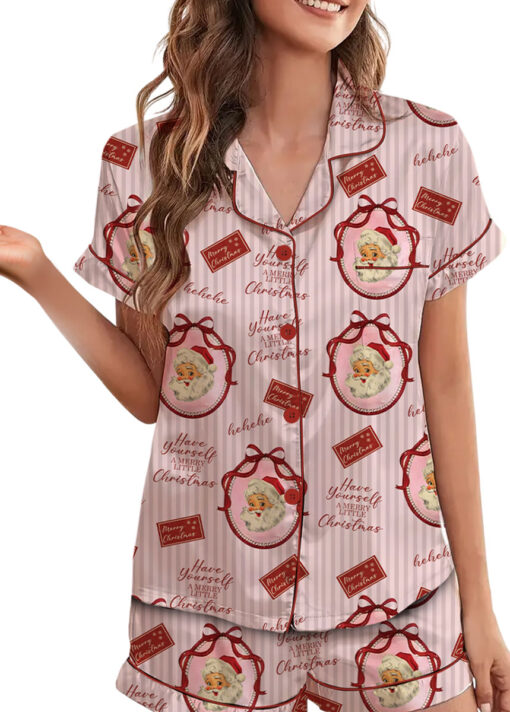 Pink Retro Santa Print Satin Pajamas Set For Women