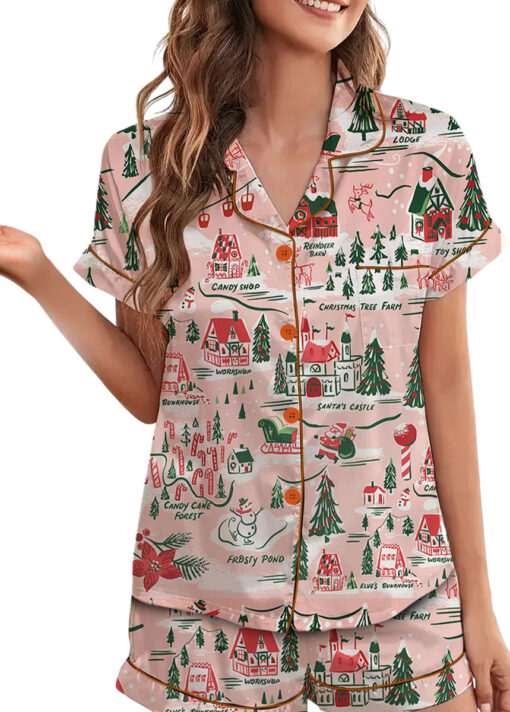 Women’s North Pole Village Map Christmas Retro Holiday Satin Pajama Set