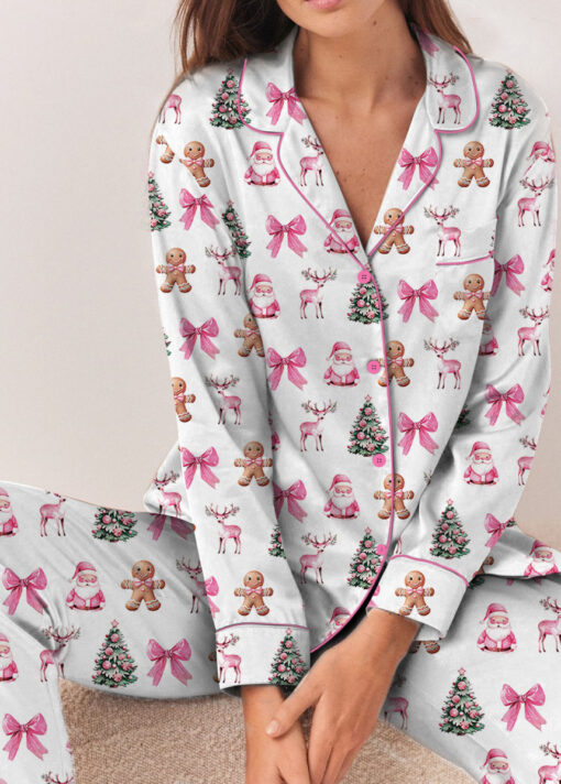 Coquette Pink Christmas Satin Pajama Set For Women