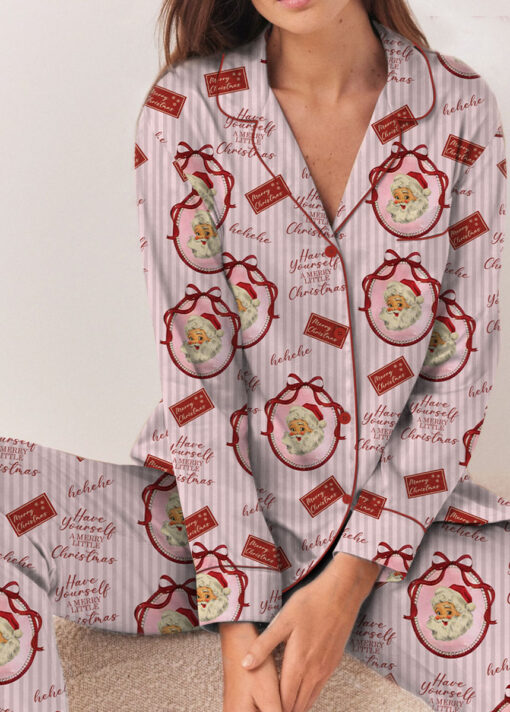 Pink Retro Santa Print Satin Pajamas Set For Women
