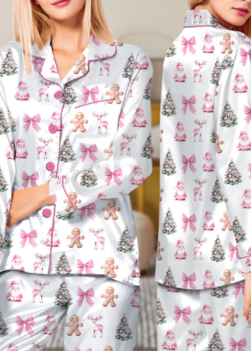 Coquette Pink Christmas Satin Pajama Set For Women